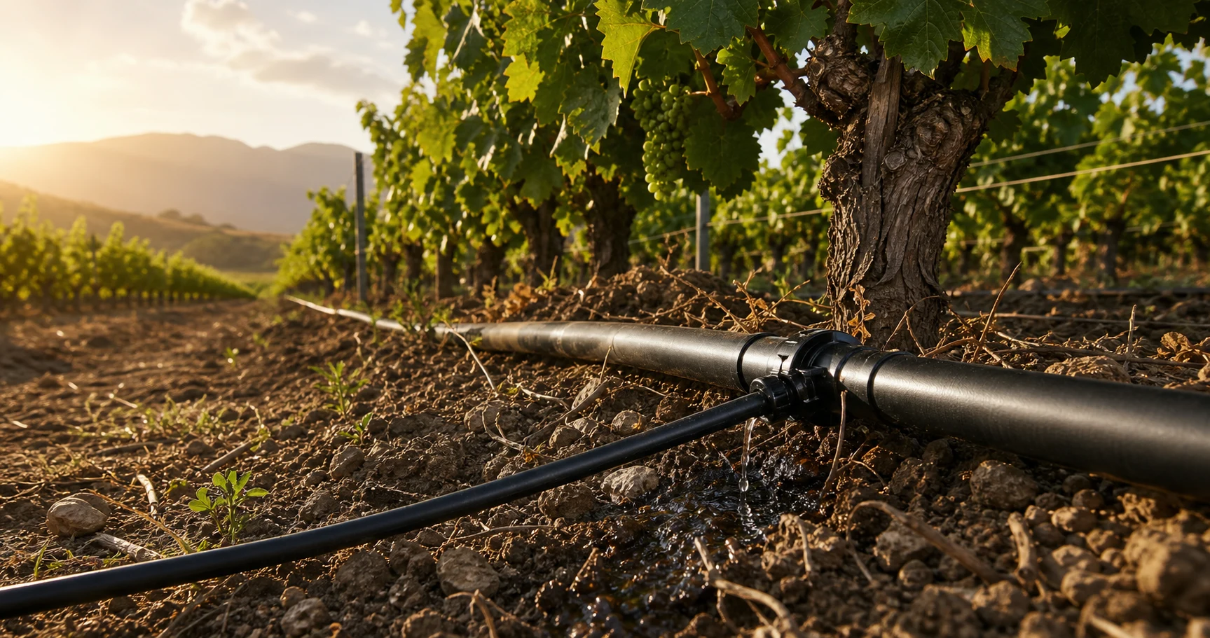 Black polyethylene irrigation pipe laid along cultivated farm rows