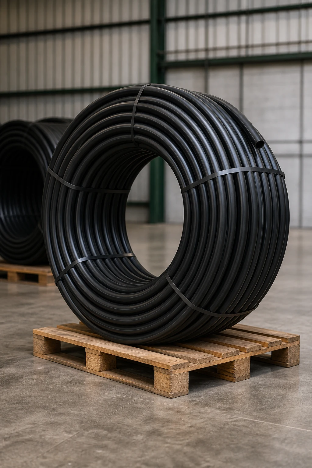 Coiled black LDPE irrigation pipe stored for agricultural supply